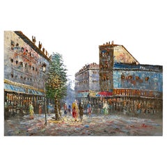 Vintage Paris France Street Scene Oil on Canvas Painting, Signed Burnett