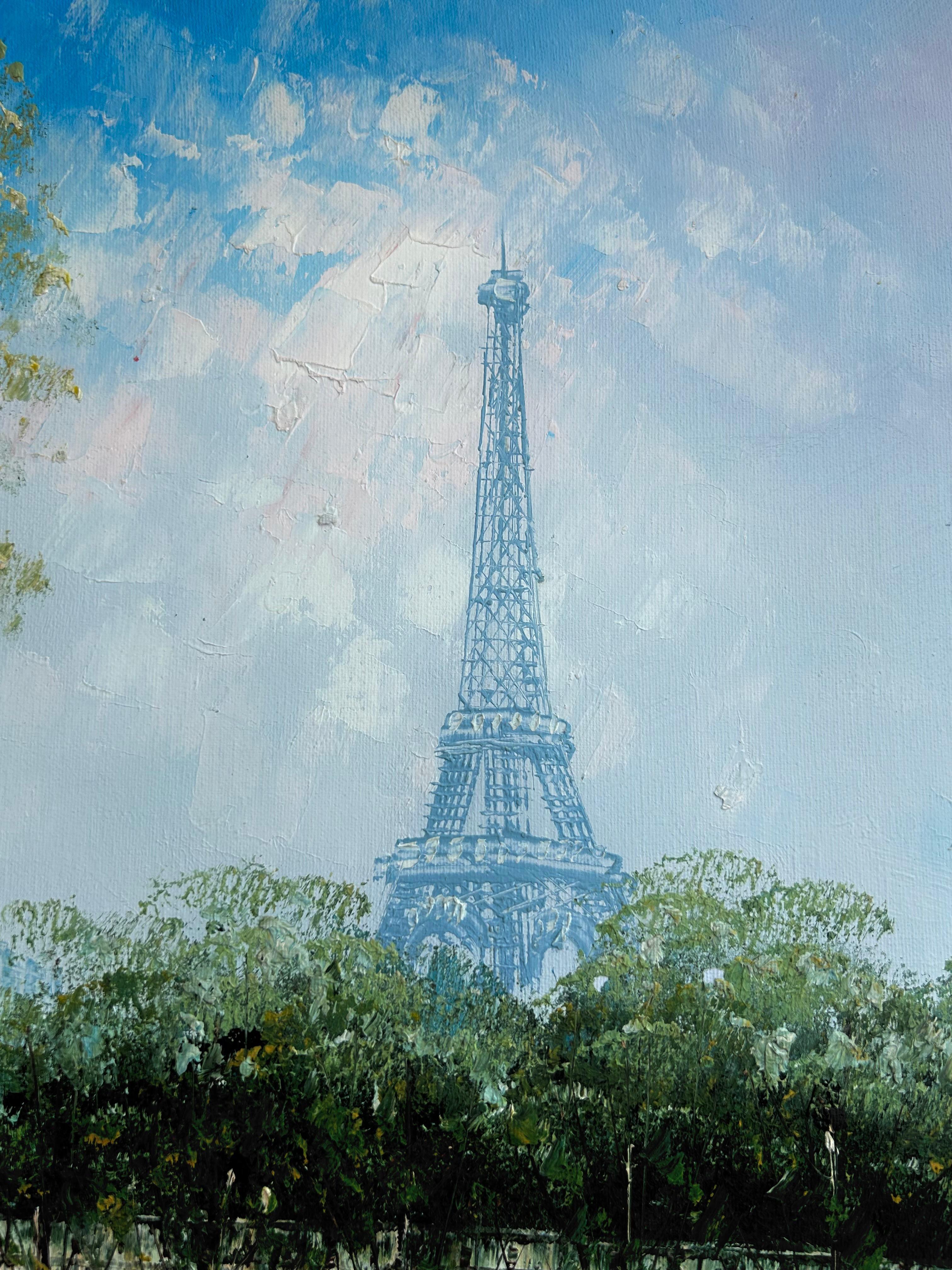 Paris France oil on canvas painting urbanscape - Gray Landscape Painting by Caroline Burnnet