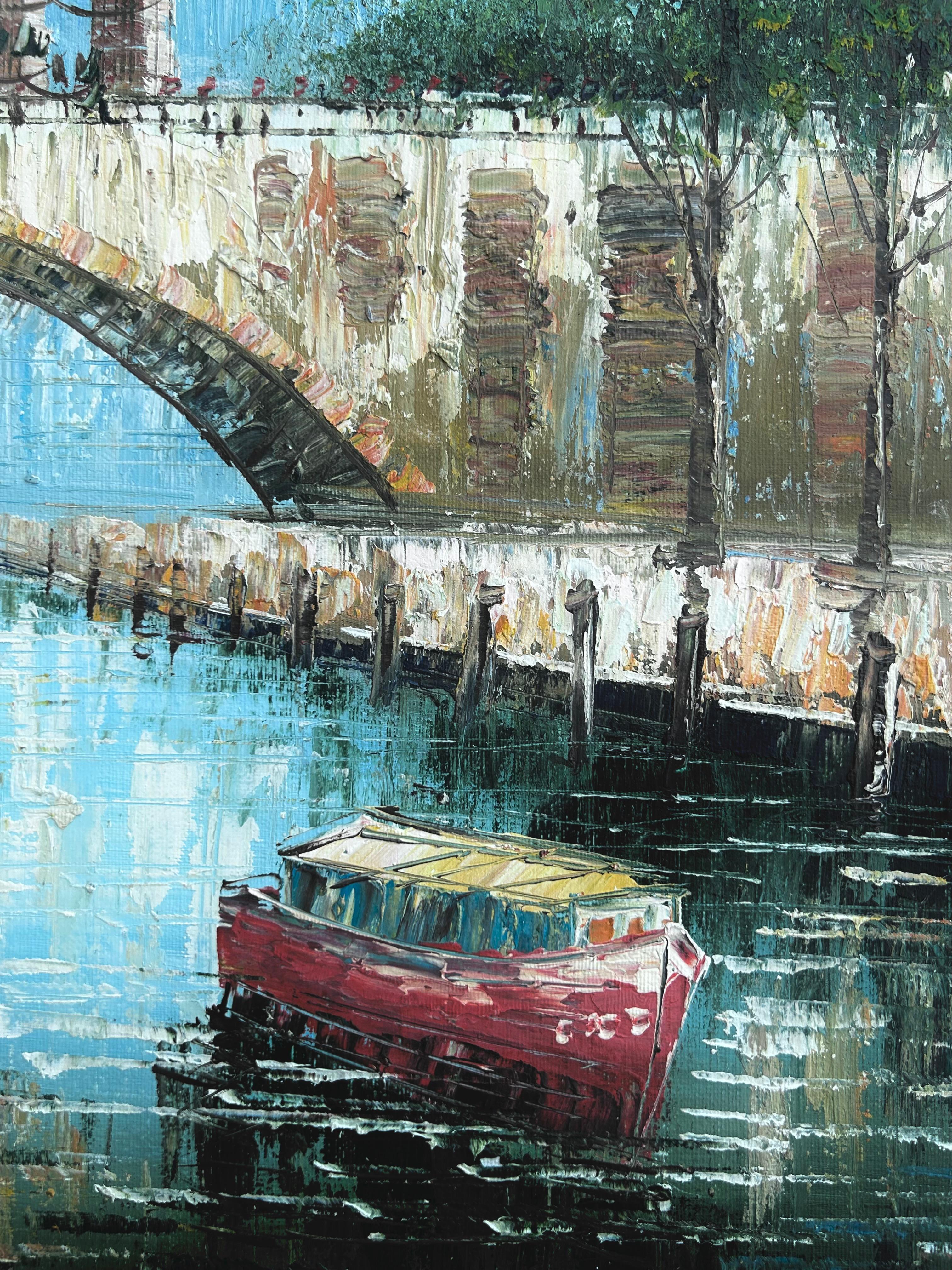 Frame size 70x59 cm.

Caroline Burnett, born in 1940, was a painter known for capturing the charm of urban scenes and landscapes with a vibrant and colorful style. Although little is known about her life, her work reveals a strong influence from