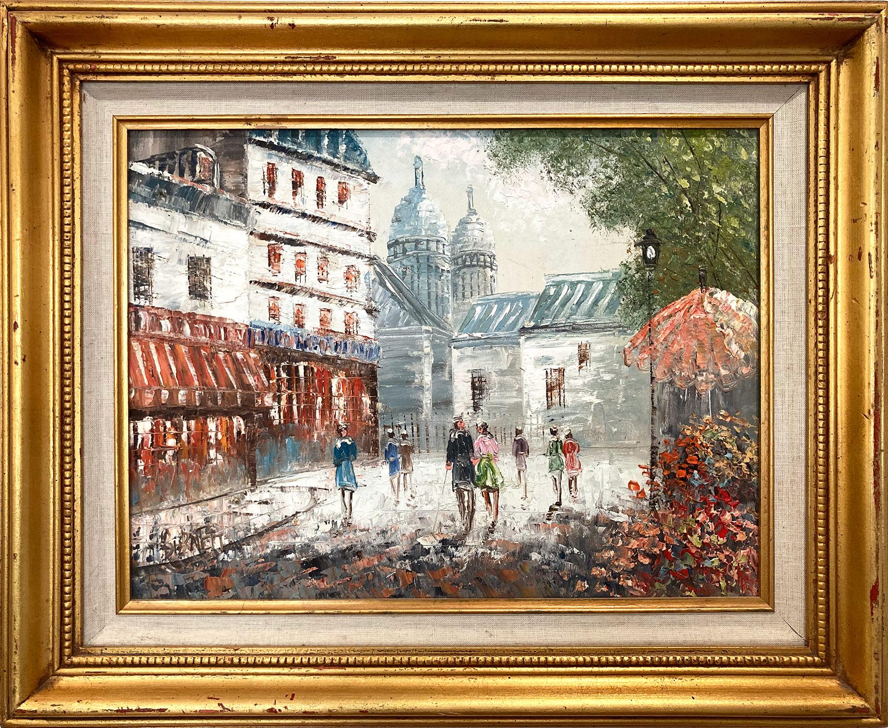 Caroline C. Burnett  Figurative Painting - "Parisian Street Scene Place Du Tertre" Post-Impressionist Oil Painting Canvas 