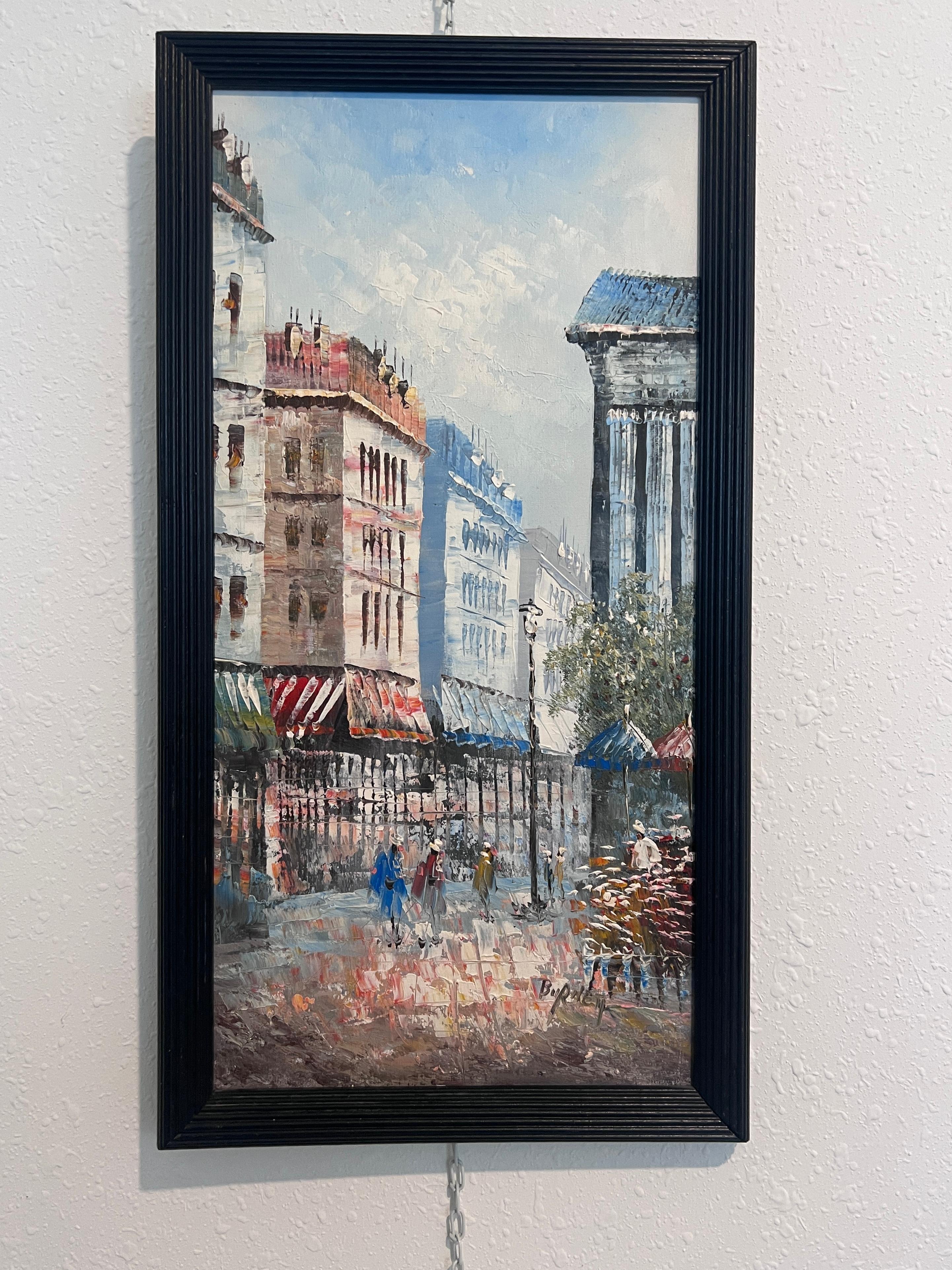 C. Burnett original painting on canvas Paris street view, framed, Signed - Painting by Caroline C. Burnett