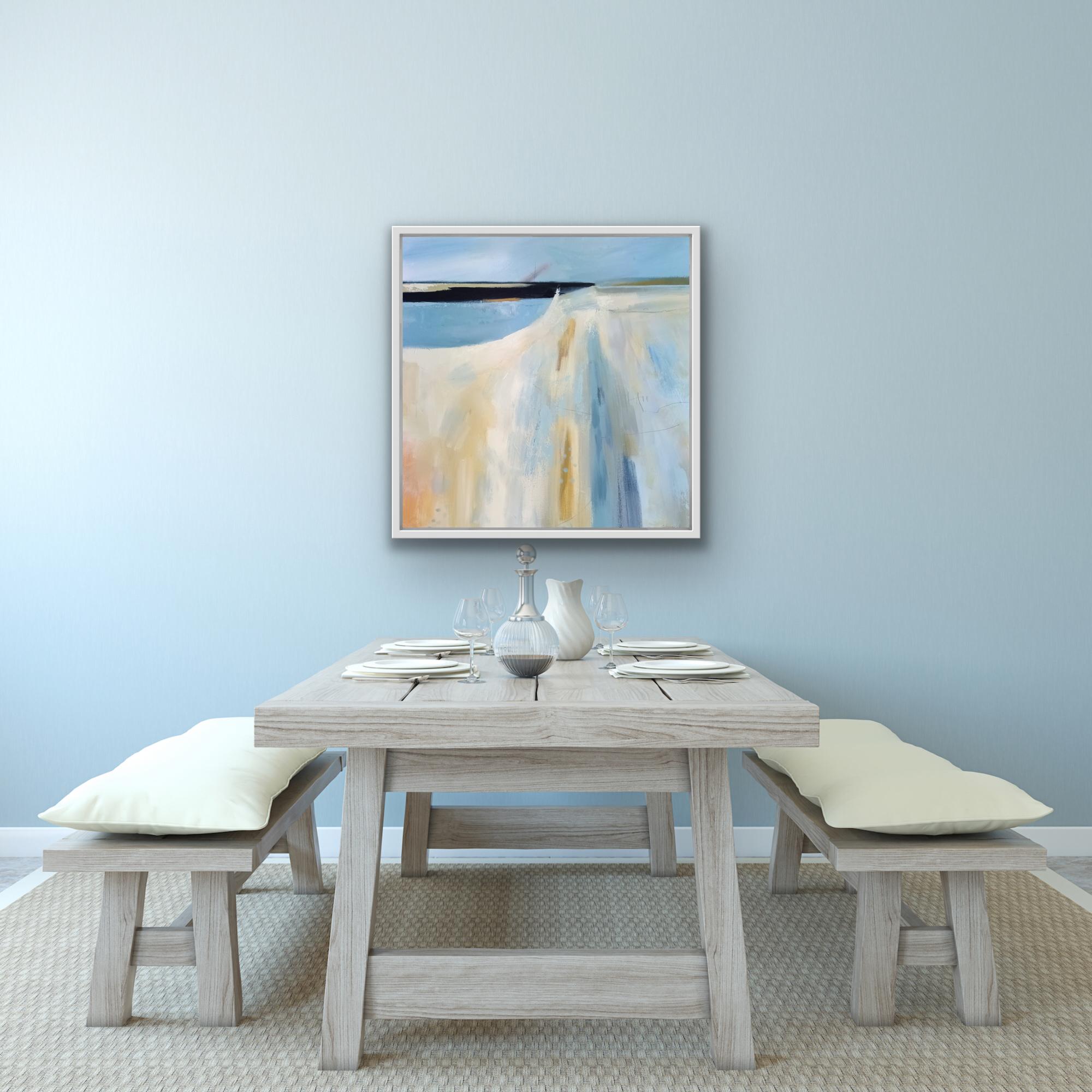 Azul costero, pintura abstracta de paisaje marino, obra de arte en técnica mixta, arte enmarcado - Painting de Caroline Chappell