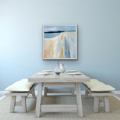 Blu costiero, quadro astratto con paesaggio marino, opera d'arte a tecnica mista, opera incorniciata