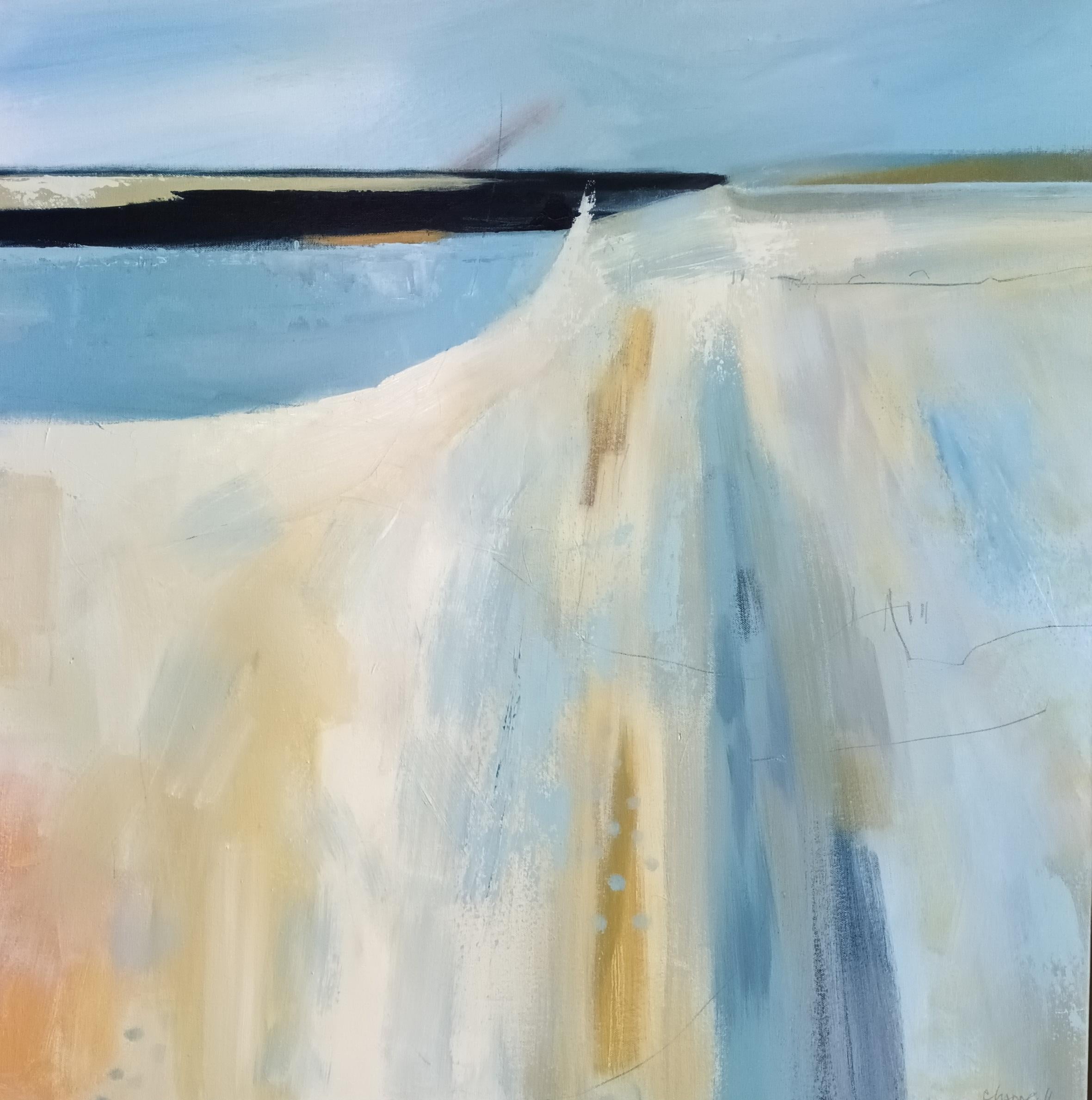 Peinture de paysage marin abstrait bleu côtier, œuvre d'art technique mixte, art encadré
