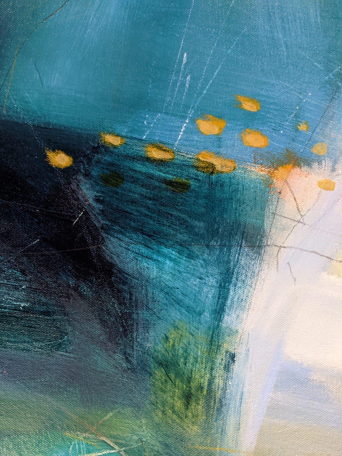 « Stepping Out », art atmosphérique, peinture de paysage moderne semi-abstrait, art bleu en vente 2