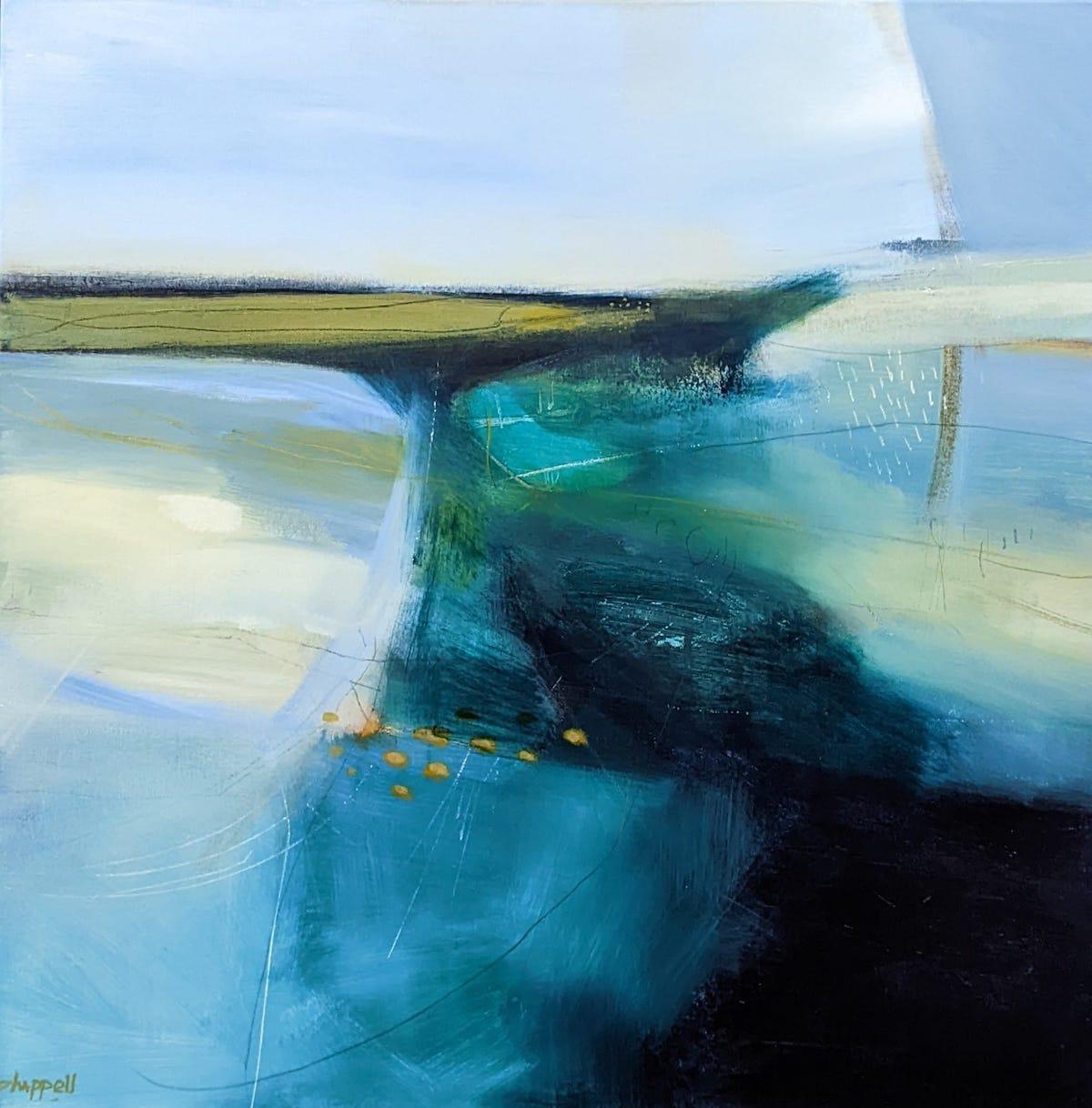 « Stepping Out », art atmosphérique, peinture de paysage moderne semi-abstrait, art bleu