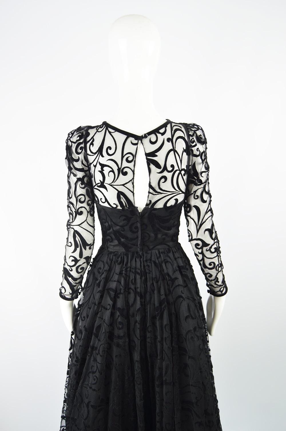 Caroline Charles Flocked Velvet on Tulle Vintage Formal Evening Dress, A/W 1993 For Sale 2
