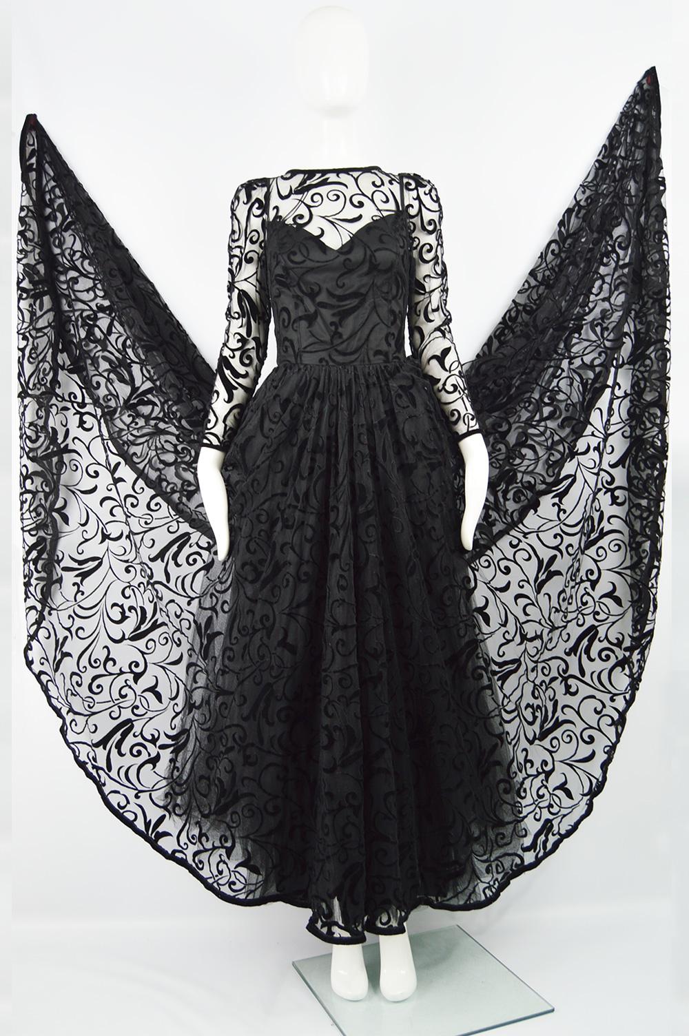 Black Caroline Charles Flocked Velvet on Tulle Vintage Formal Evening Dress, A/W 1993 For Sale