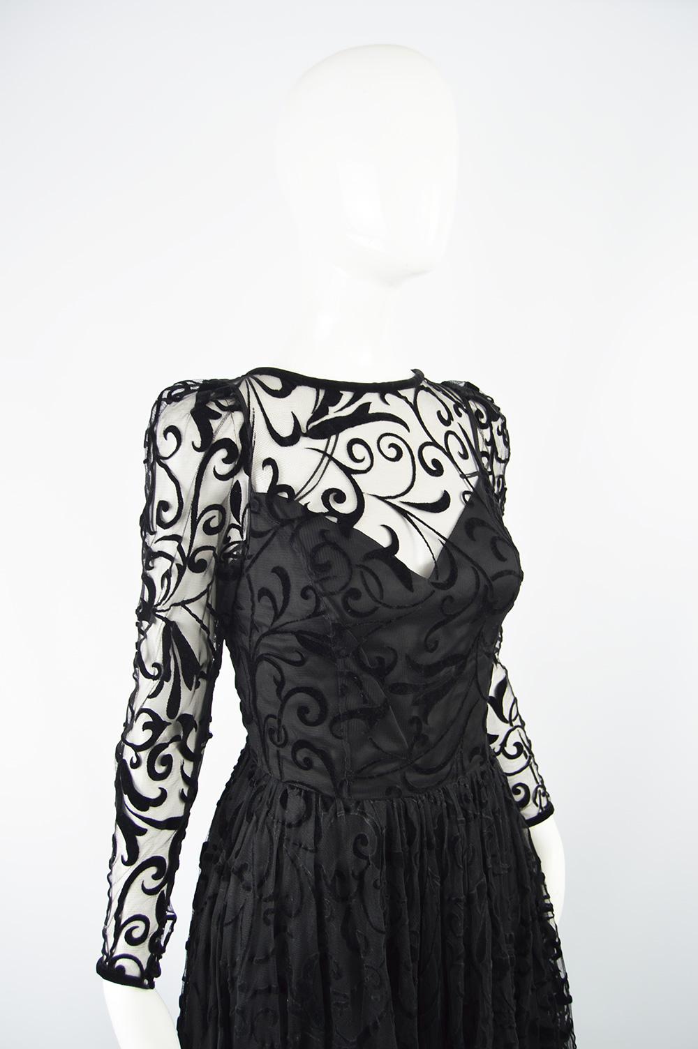 Women's Caroline Charles Flocked Velvet on Tulle Vintage Formal Evening Dress, A/W 1993 For Sale