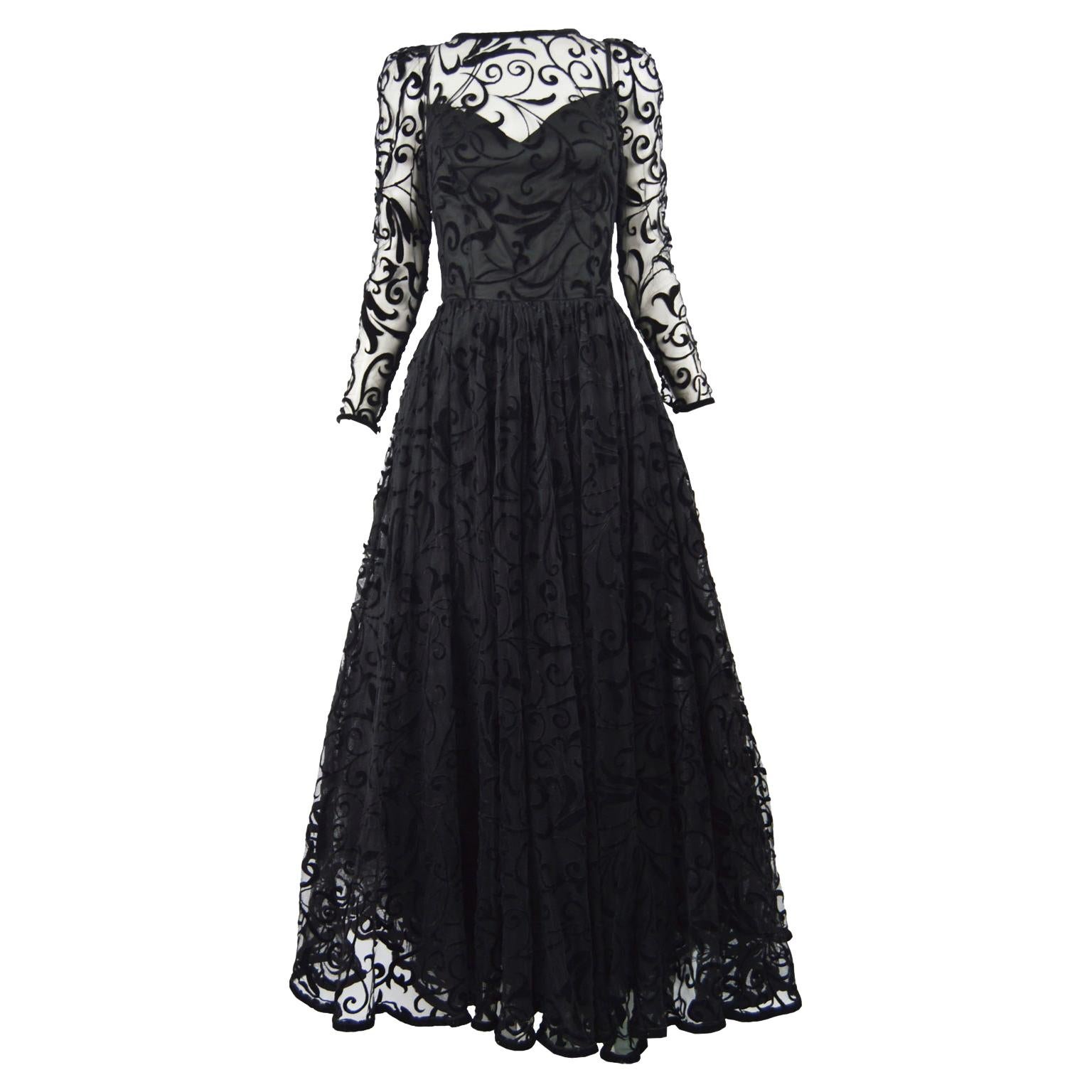 Caroline Charles Flocked Velvet on Tulle Vintage Formal Evening Dress, A/W 1993 For Sale