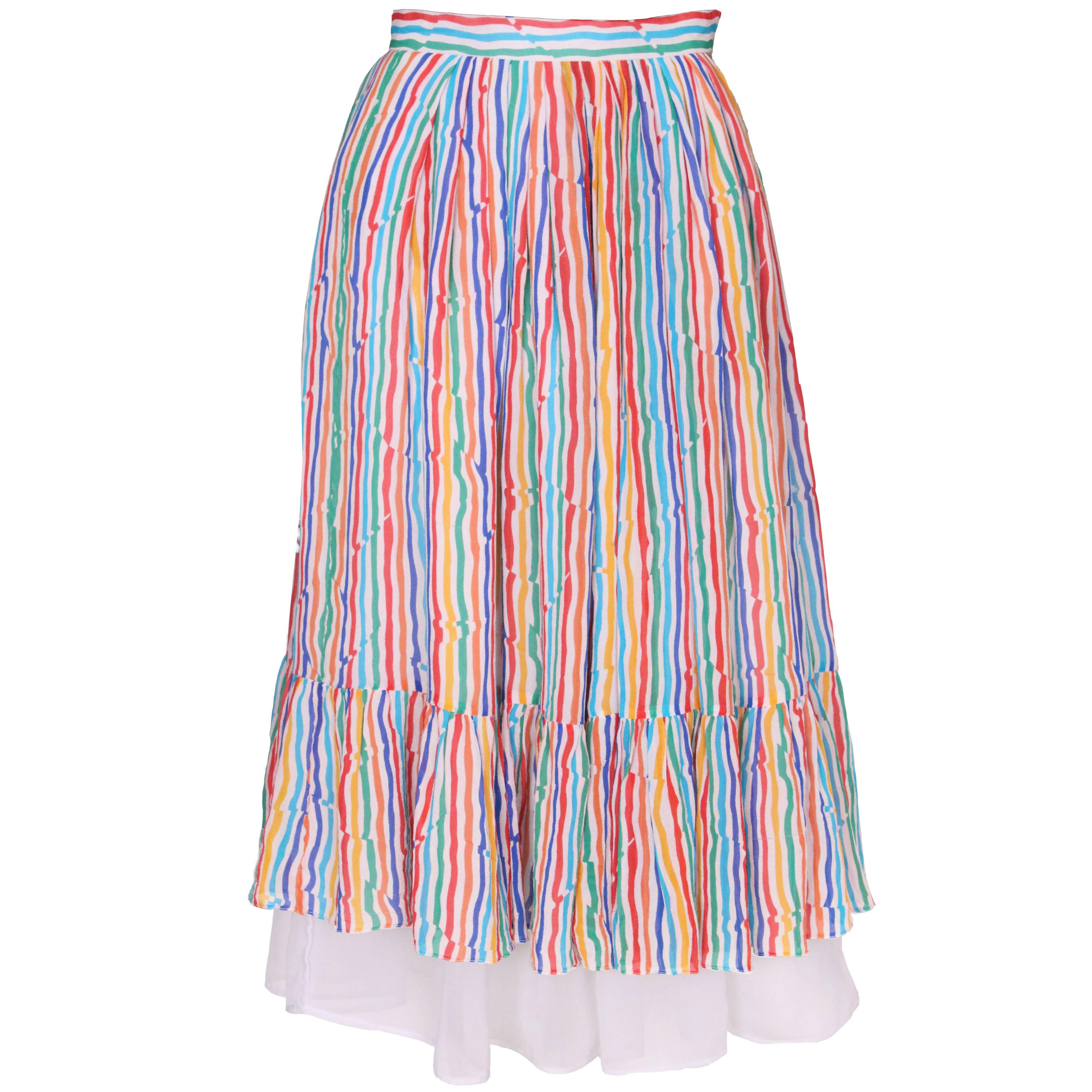 Caroline Charles Stripe Silk Multi Coloured Skirt For Sale