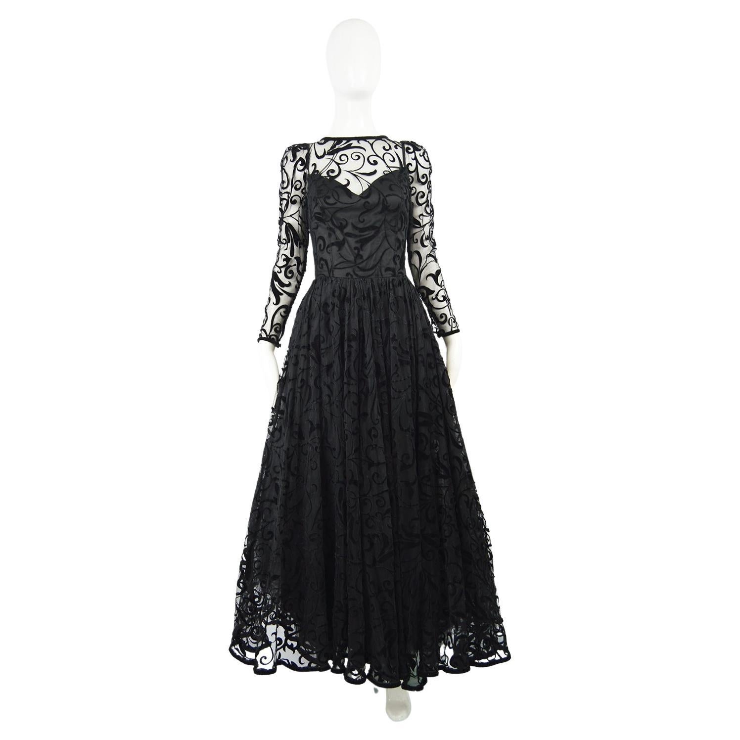 Caroline Charles Vintage 90s Semi Sheer Formal Evening Ball Gown Dress
