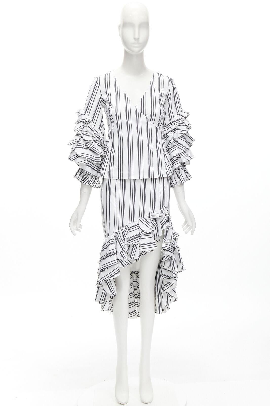 CAROLINE CONSTAS black white ruffled stripes wrap top high low skirt set XS For Sale 7