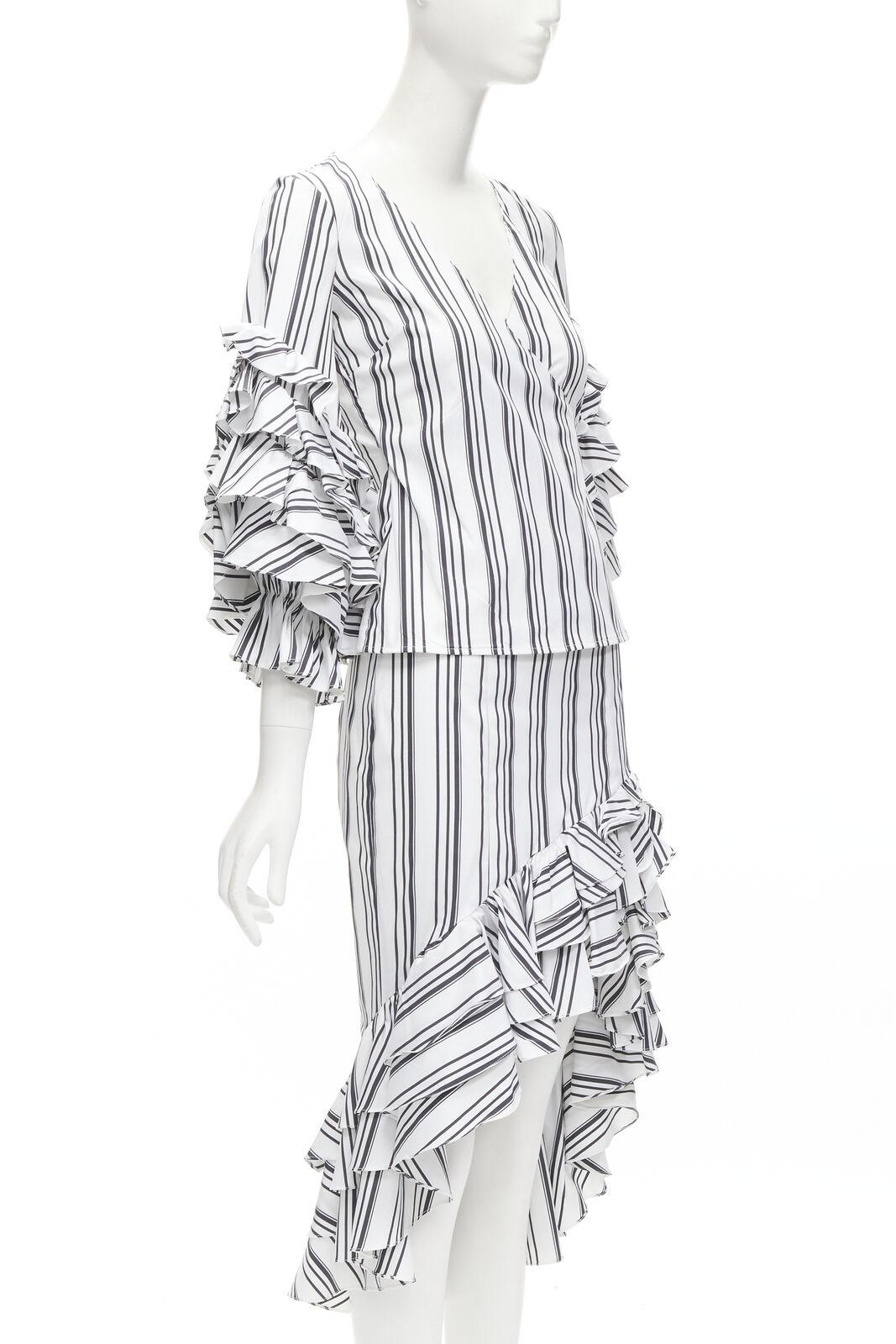 Gray CAROLINE CONSTAS black white ruffled stripes wrap top high low skirt set XS For Sale