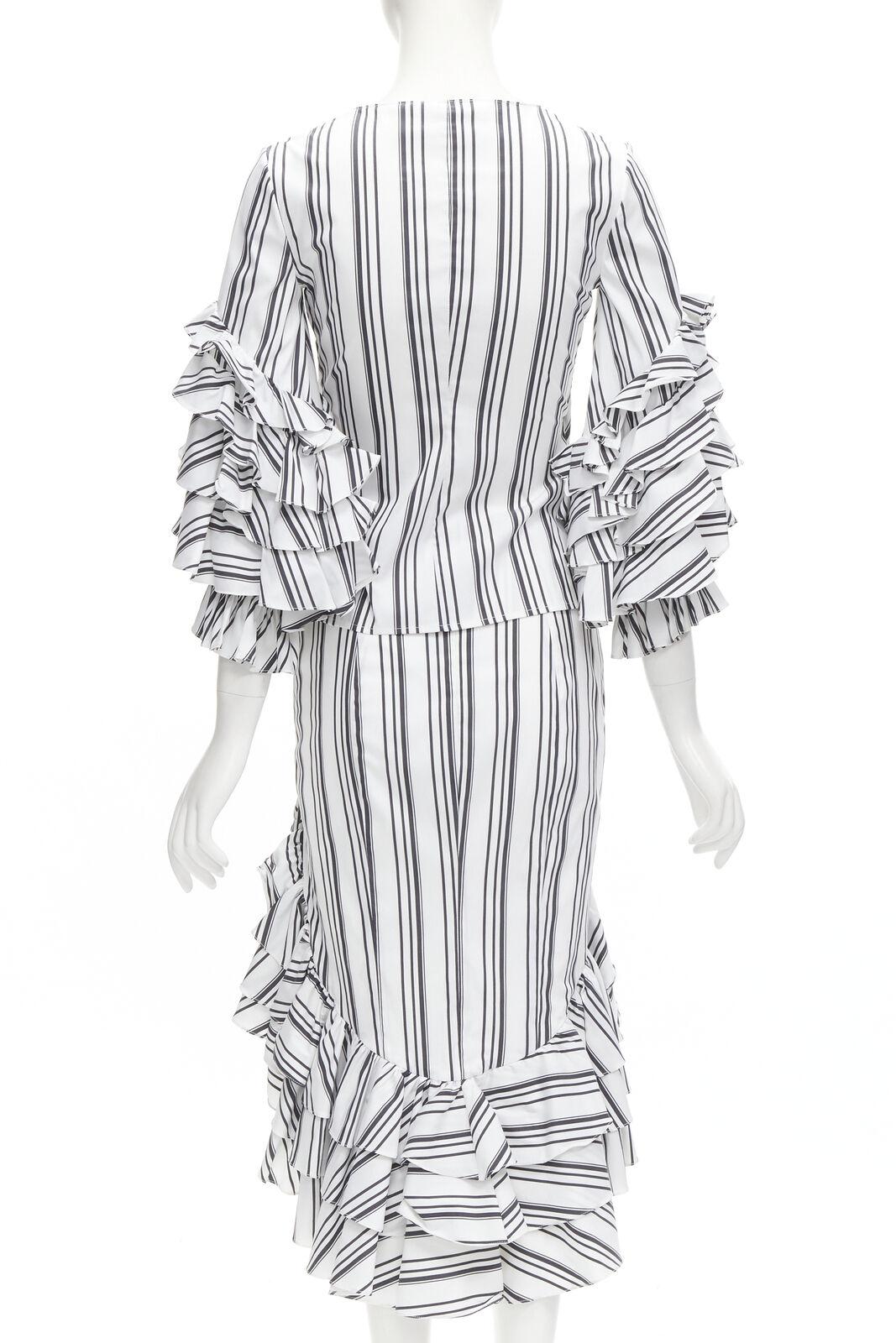 Women's CAROLINE CONSTAS black white ruffled stripes wrap top high low skirt set XS For Sale