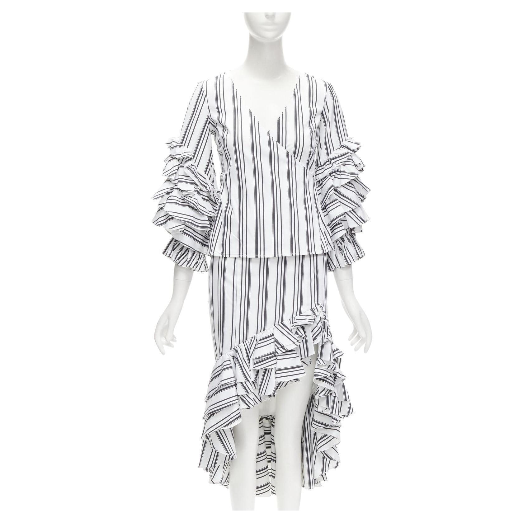 CAROLINE CONSTAS black white ruffled stripes wrap top high low skirt set XS For Sale