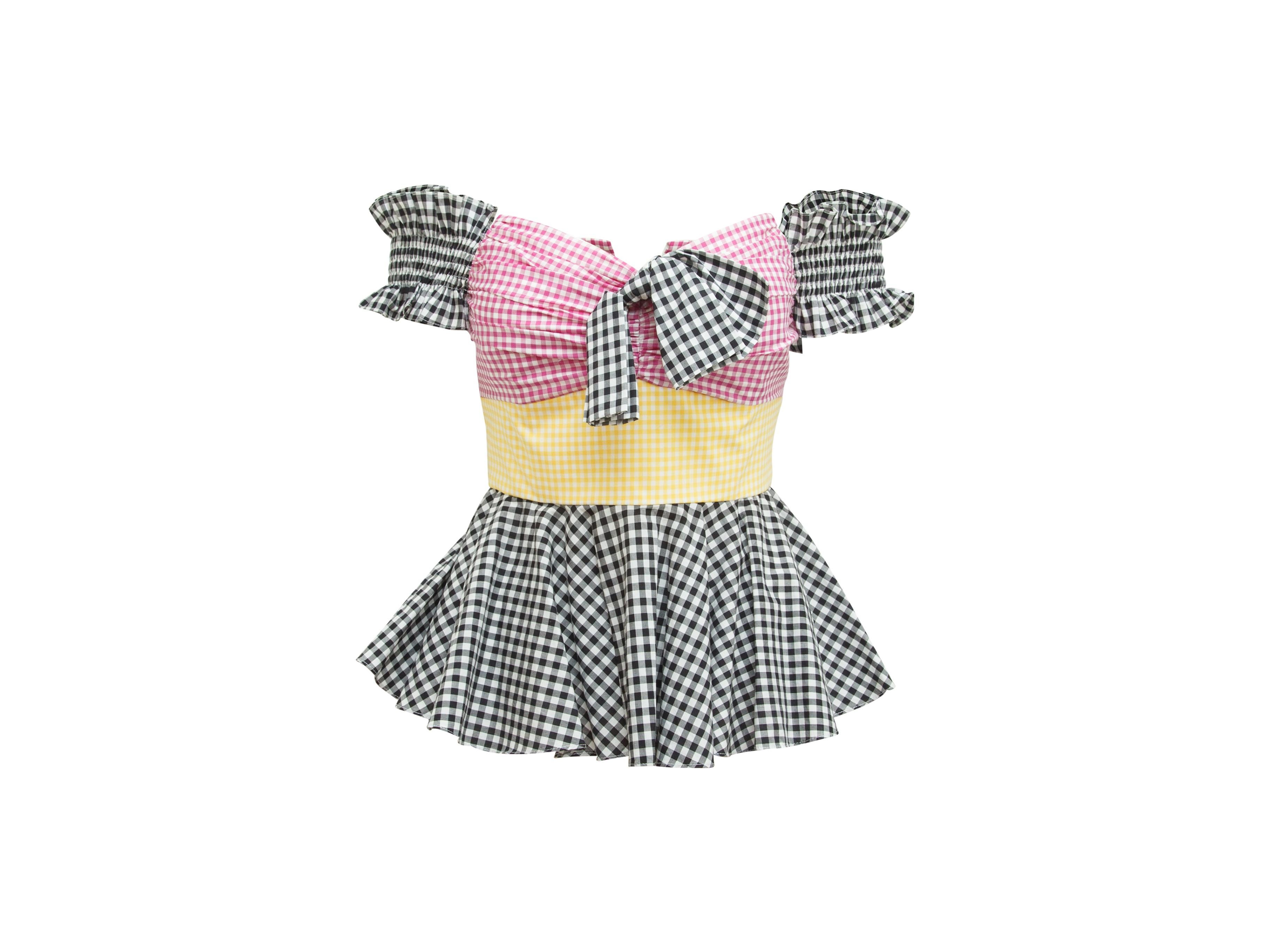 Product details:  Multicolor gingham blouse by Caroline Constas.  Sleeveless.  Straps can be worn up or off the shoulder.  Bow accents bust.  Concealed back-zip closure.  28