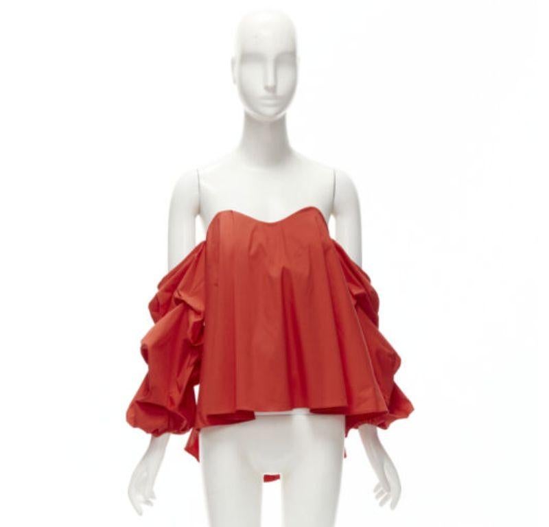 CAROLINE CONSTAS red strapless puff sleeves flared sweetheart corset top M For Sale 5