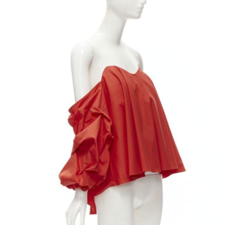 Red CAROLINE CONSTAS red strapless puff sleeves flared sweetheart corset top M For Sale
