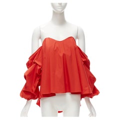 CAROLINE CONSTAS red strapless puff sleeves flared sweetheart corset top M