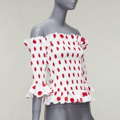 CAROLINE CONSTAS white red polka dot cotton ruffle ruched top XS