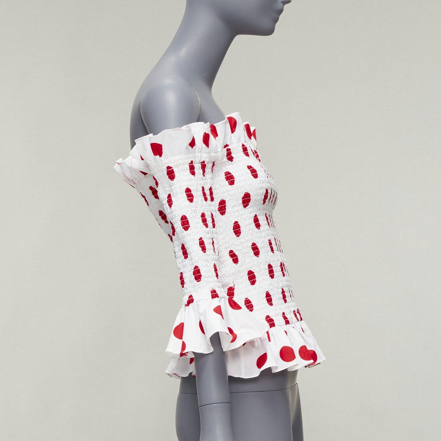 CAROLINE CONSTAS white red polka dot cotton ruffle ruched top XS In Excellent Condition For Sale In Hong Kong, NT