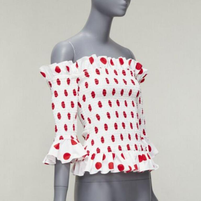 Gray CAROLINE CONSTAS white red polka dot cotton ruffle ruched top XS For Sale