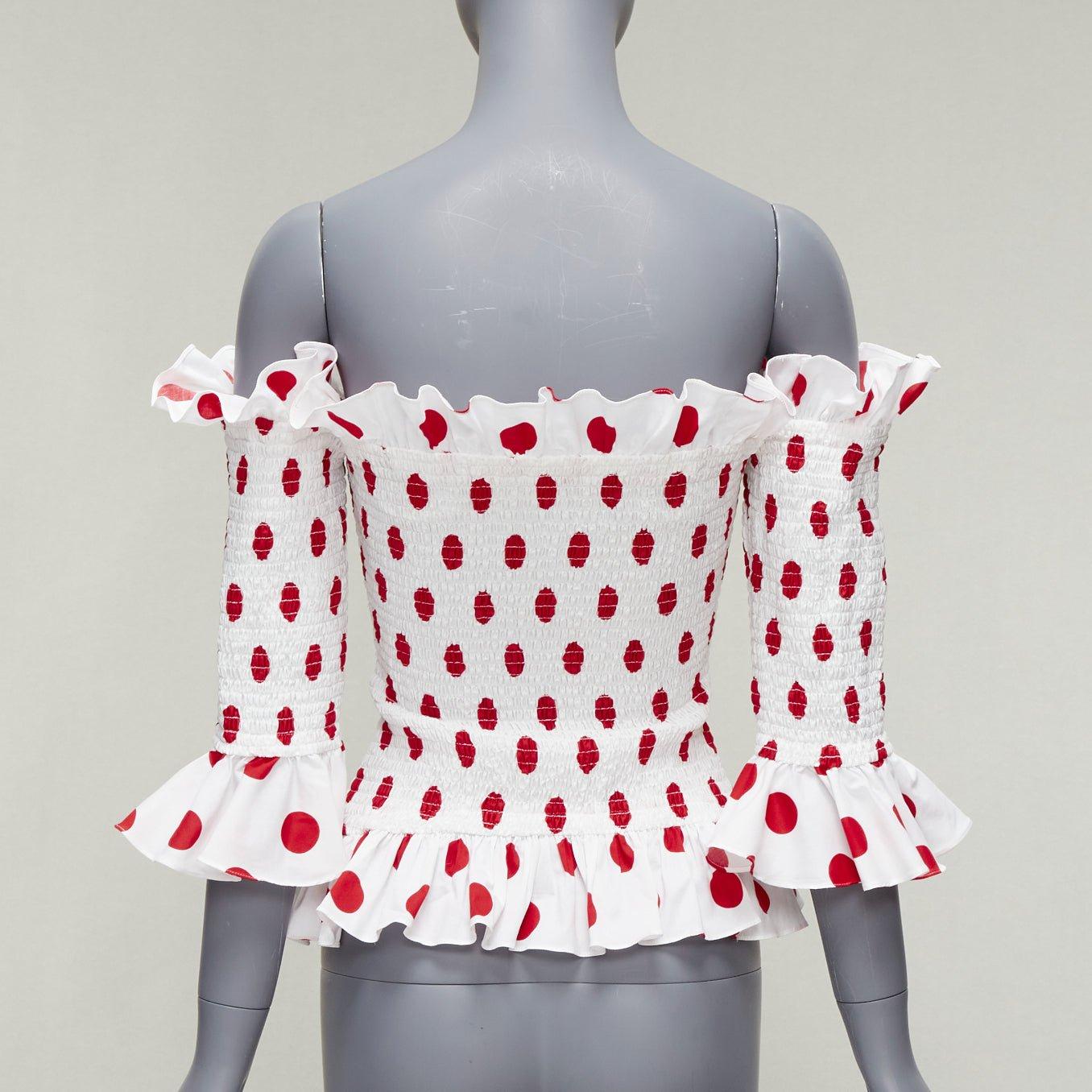 Women's CAROLINE CONSTAS white red polka dot cotton ruffle ruched top XS For Sale