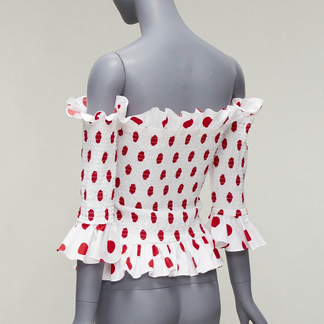 CAROLINE CONSTAS white red polka dot cotton ruffle ruched top XS For Sale 1