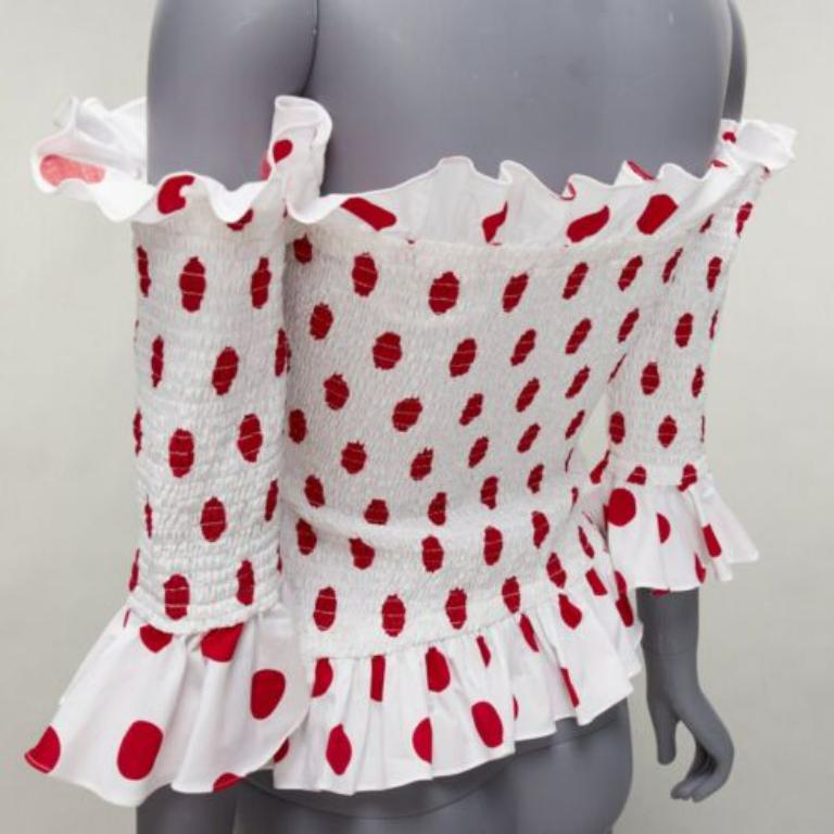 CAROLINE CONSTAS white red polka dot cotton ruffle ruched top XS For Sale 2