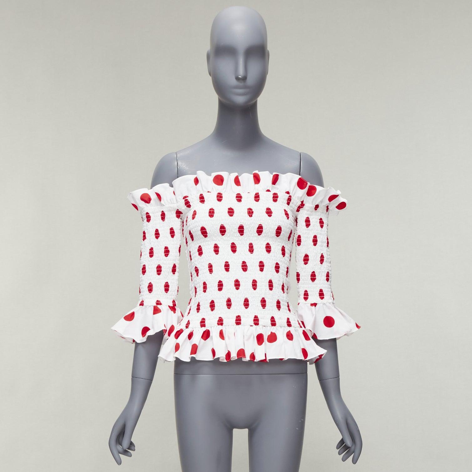 CAROLINE CONSTAS white red polka dot cotton ruffle ruched top XS For Sale 5