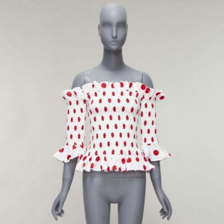 CAROLINE CONSTAS white red polka dot cotton ruffle ruched top XS For Sale 4