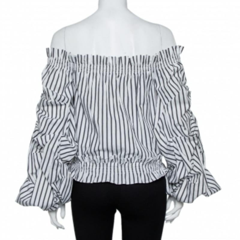 Women's Caroline Constas White Striped Cotton Off Shoulder Ruffled Crop Top XS For Sale