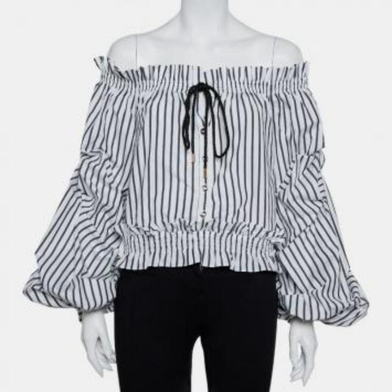 Caroline Constas White Striped Cotton Off Shoulder Ruffled Crop Top XS For Sale 1