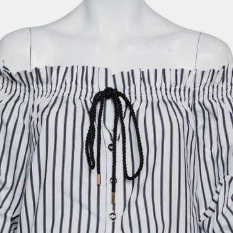Caroline Constas White Striped Cotton Off Shoulder Ruffled Crop Top XS For Sale 2