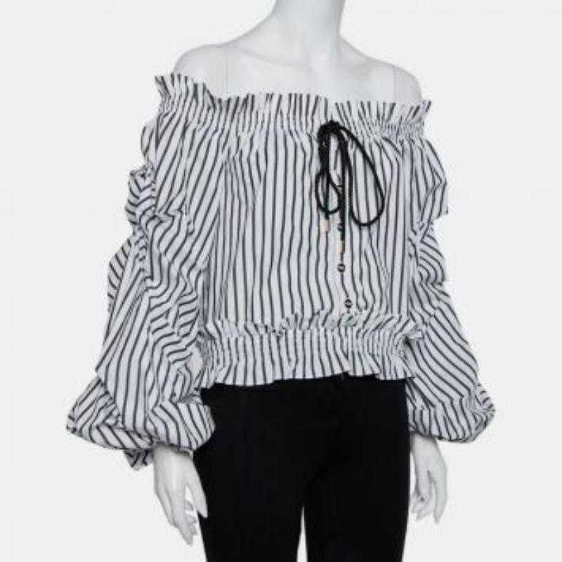 Caroline Constas White Striped Cotton Off Shoulder Ruffled Crop Top XS For Sale 3