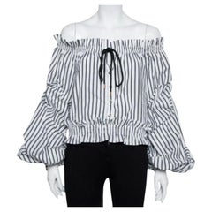 Caroline Constas White Striped Cotton Off Shoulder Ruffled Crop Top XS