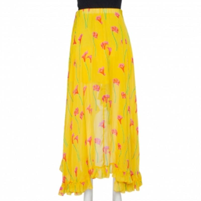 Caroline Constas Yellow Printed Silk Ruffled Asymmetric Hem Adelle Midi Skirt M In Good Condition For Sale In Dubai, Al Qouz 2
