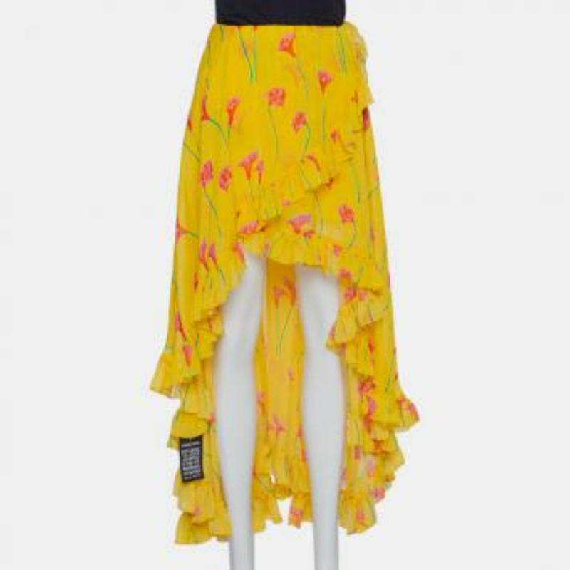 Women's Caroline Constas Yellow Printed Silk Ruffled Asymmetric Hem Adelle Midi Skirt M For Sale