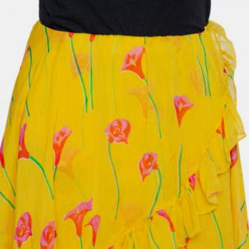 Caroline Constas Yellow Printed Silk Ruffled Asymmetric Hem Adelle Midi Skirt M For Sale 1