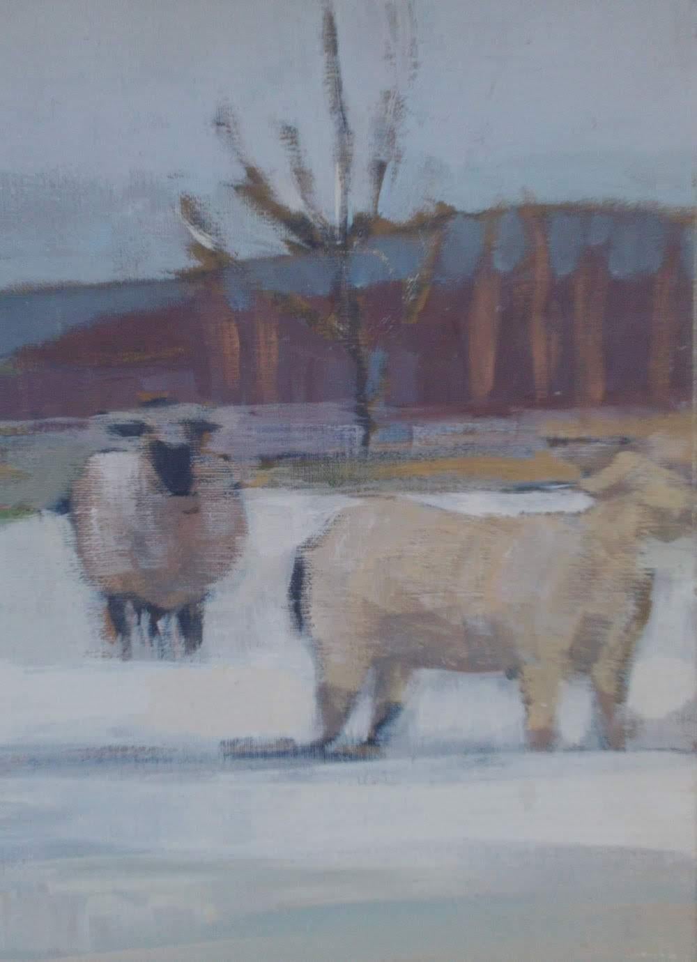 French farmhouse painting with a contemporary twist: sheep and winter snow  - Painting by Caroline de Piedoue