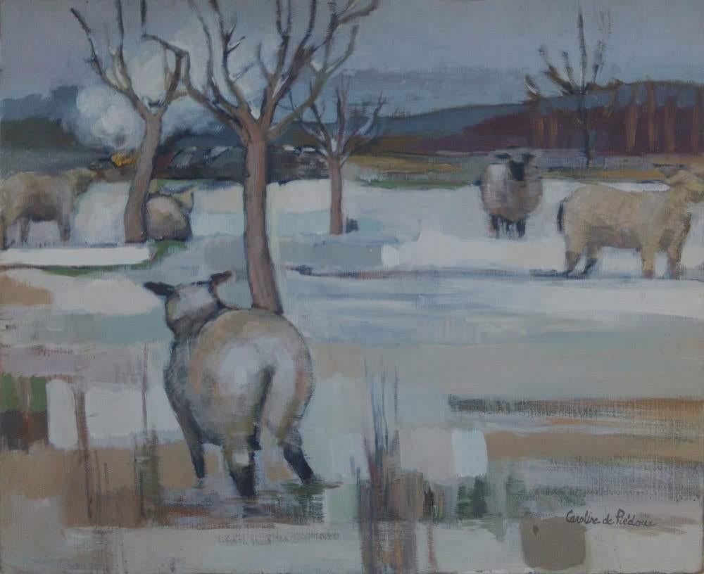 Caroline de Piedoue Animal Painting - French farmhouse painting with a contemporary twist: sheep and winter snow 