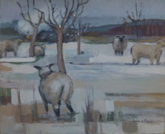 French farmhouse painting with a contemporary twist: sheep and winter snow