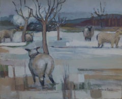 French farmhouse painting with a contemporary twist: sheep and winter snow 