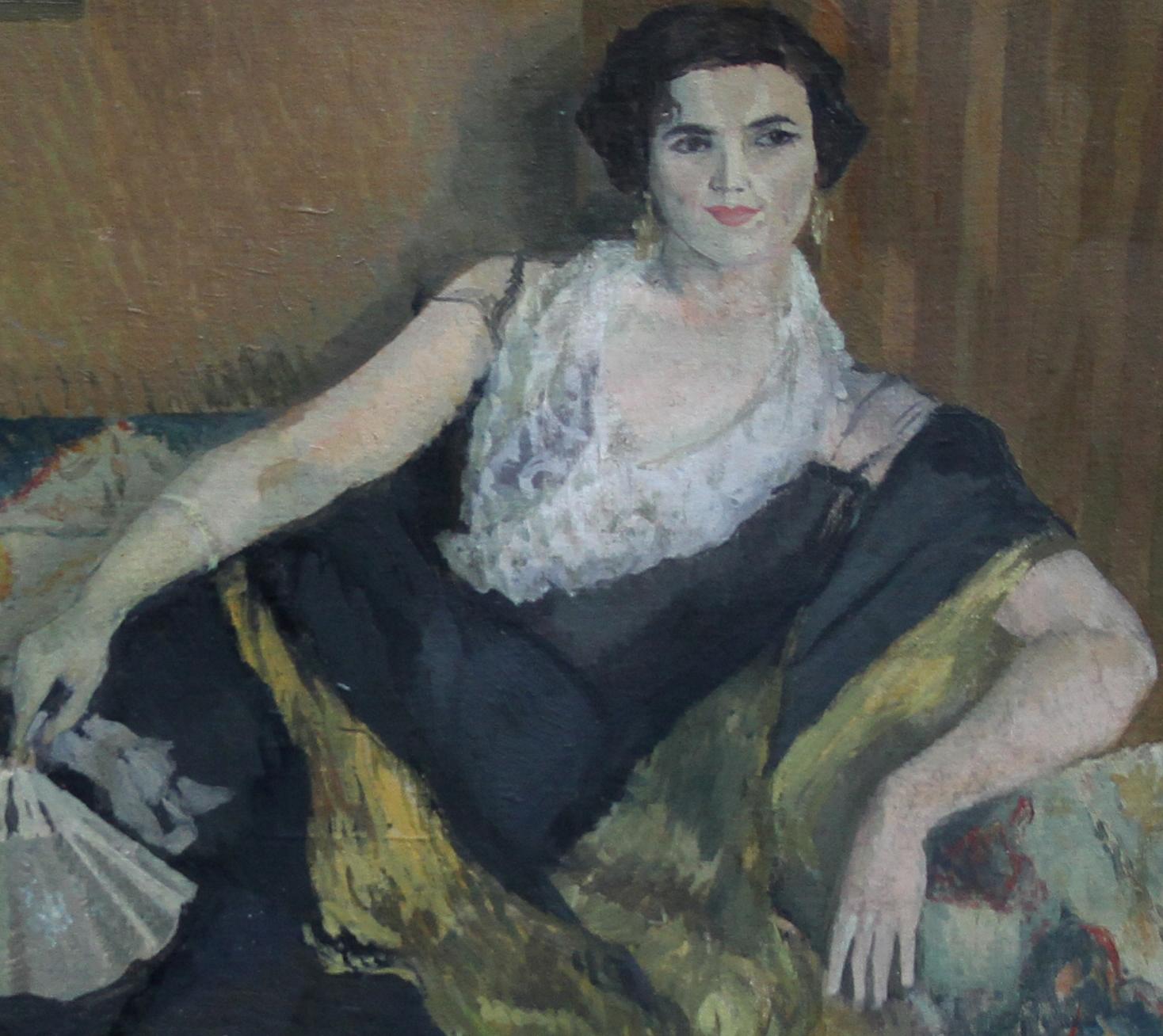 This large oil on canvas portrait was painted by Caroline Hutchinson circa 1955. It depicts a lady reclining on a sofa and is painted in an Impressionist palette and manner. A beautiful portrait with fantastic colouring and detail.
Signed with