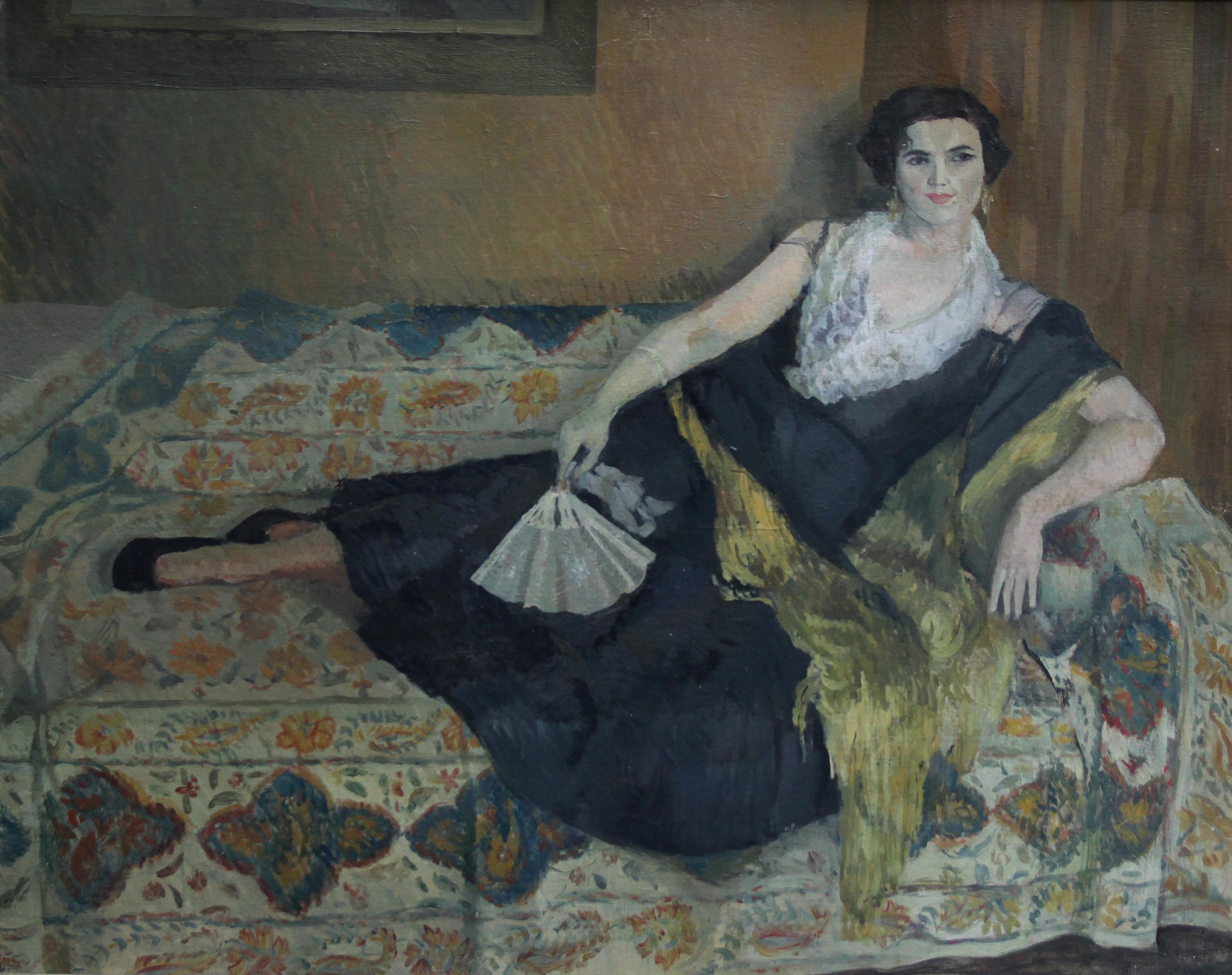 Lady Reclining Portrait - British 50's Impressionist oil painting female artist For Sale 3