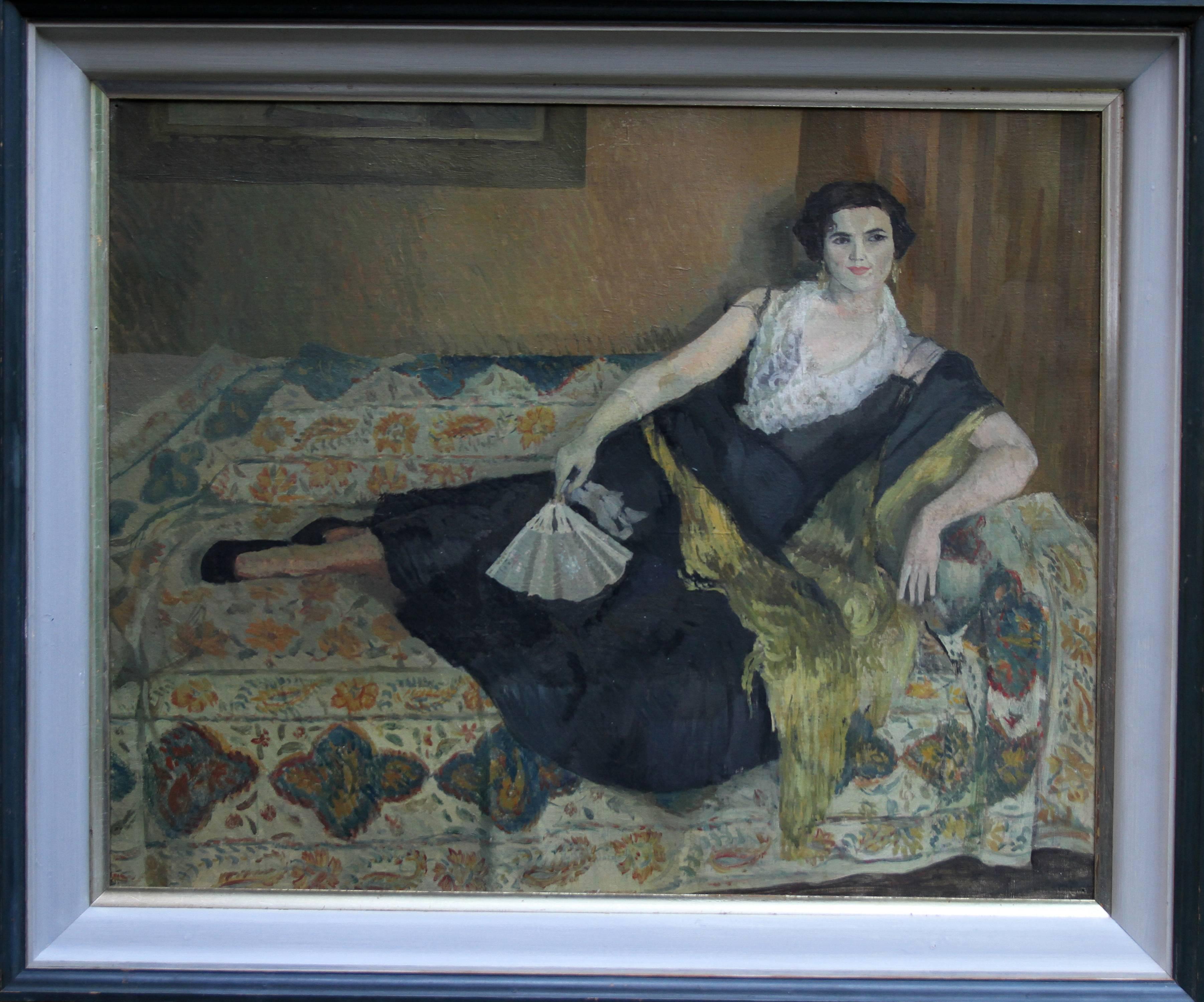 Caroline Hutchinson Interior Painting - Lady Reclining Portrait - British 50's Impressionist oil painting female artist
