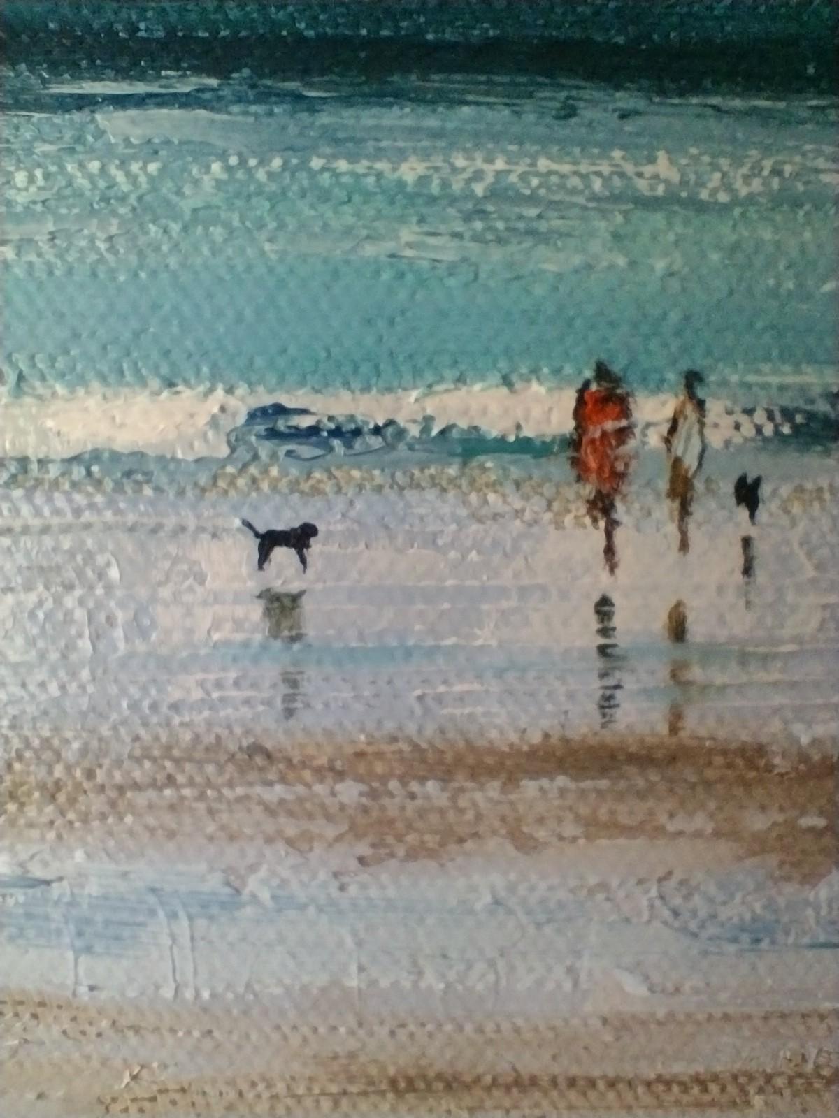 Beautiful Beach Day - Gray Landscape Painting by Caroline McMillan Davey