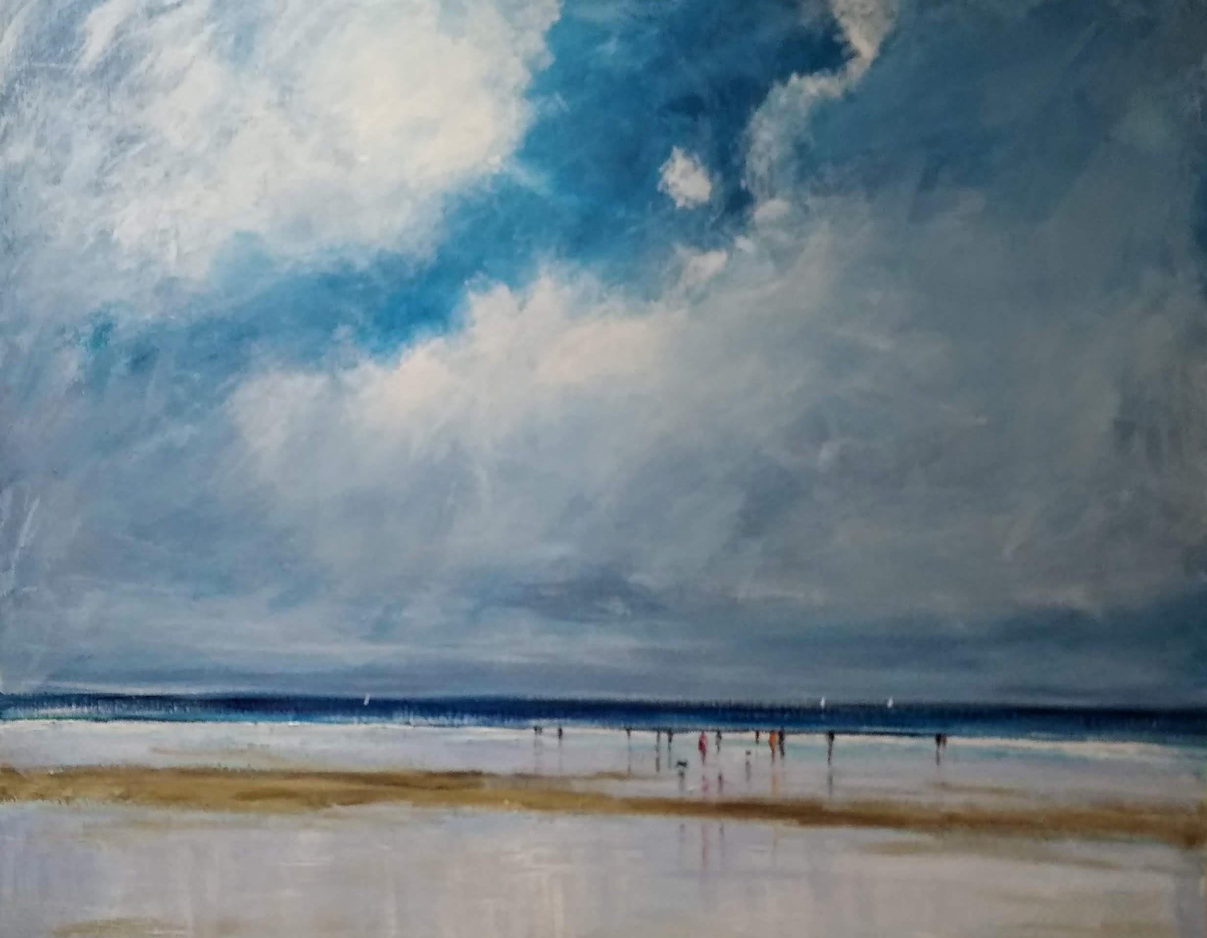 Caroline McMillan Davey Landscape Painting - Dog Walkers On The Beach