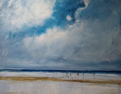 Cani a passeggio sulla spiaggia, Quadro originale, Pittura costiera, Arte da spiaggia